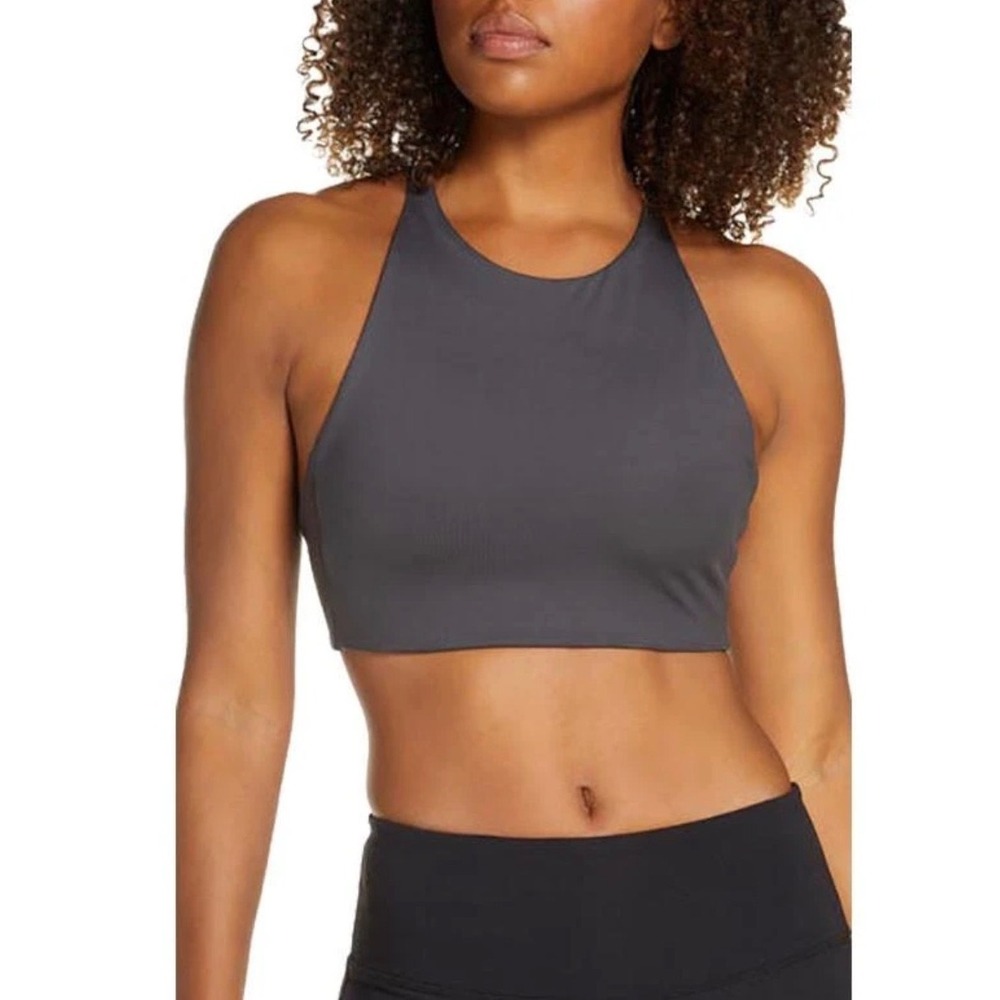 Girlfriend Collective Topanga Sports Bra Tank High Neck Crisscross Gray Large